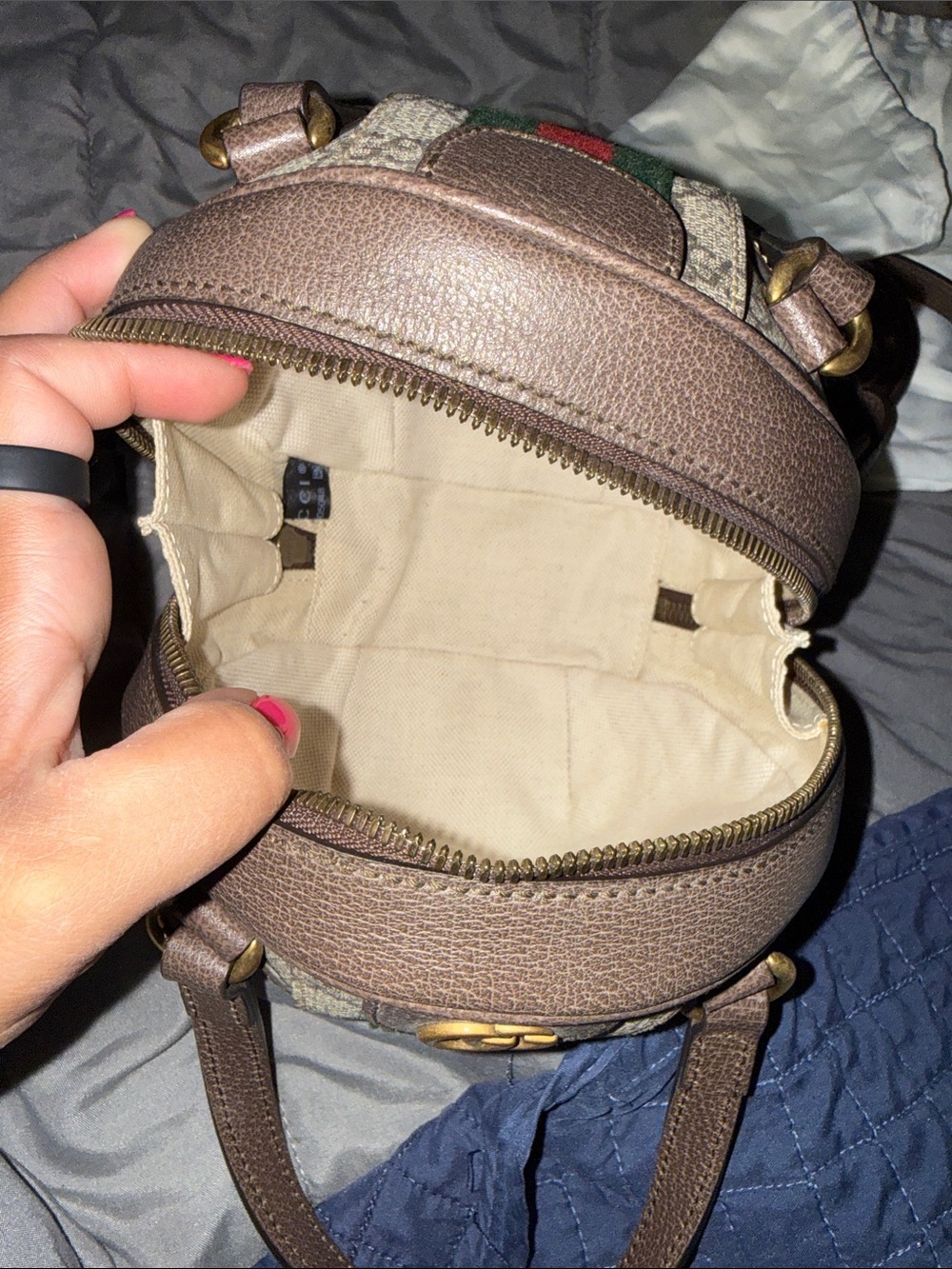 Gucci Beige GG Canvas Mini Top Handle Bag with Green-Red Web - Picture 4 of 7
